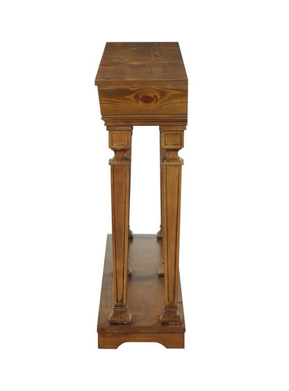 Side view of the Garrison Wooden Console Table with four legs, a rectangular top, natural wood finish, and decorative accents, displayed against a white background.