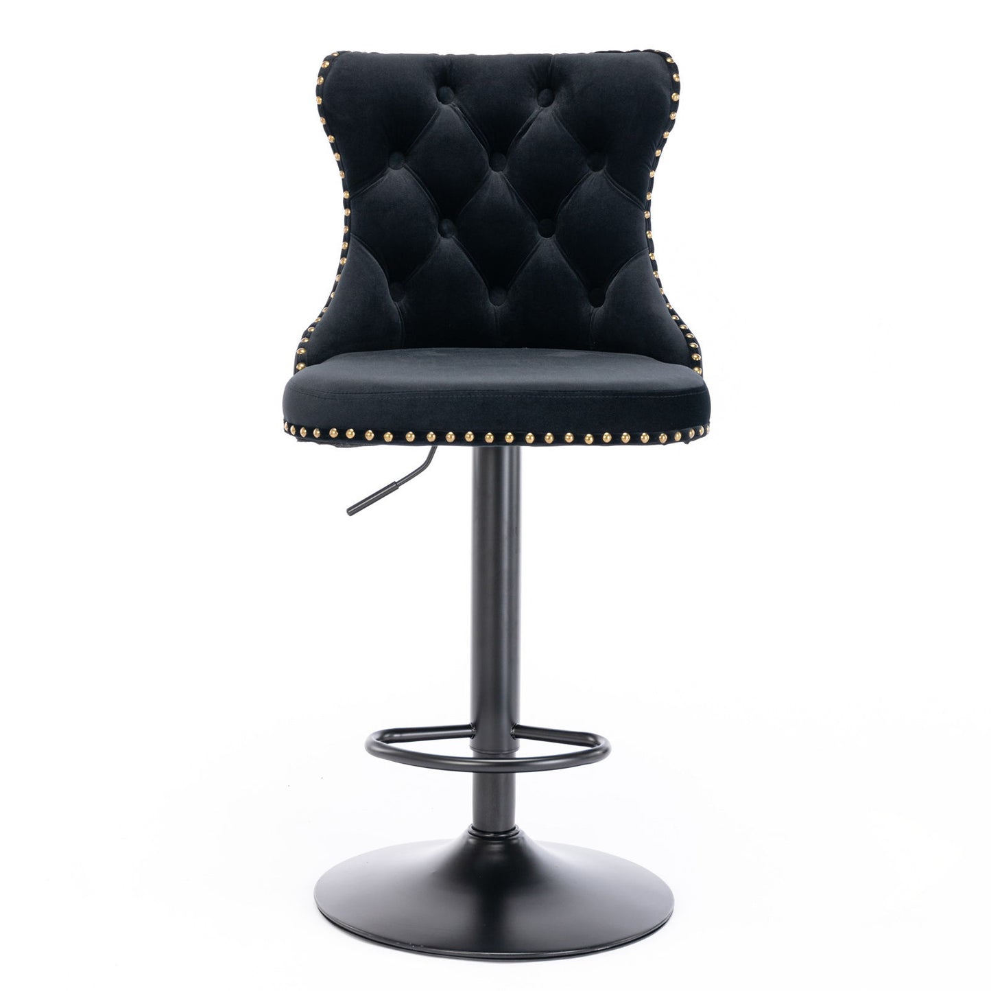 Set of 2 Swivel Velvet Barstools with tufted, curved backs, gold stud trim, round seats, and black pedestal bases featuring a footrest and height-adjustable lever—perfect for home pubs or kitchen islands.