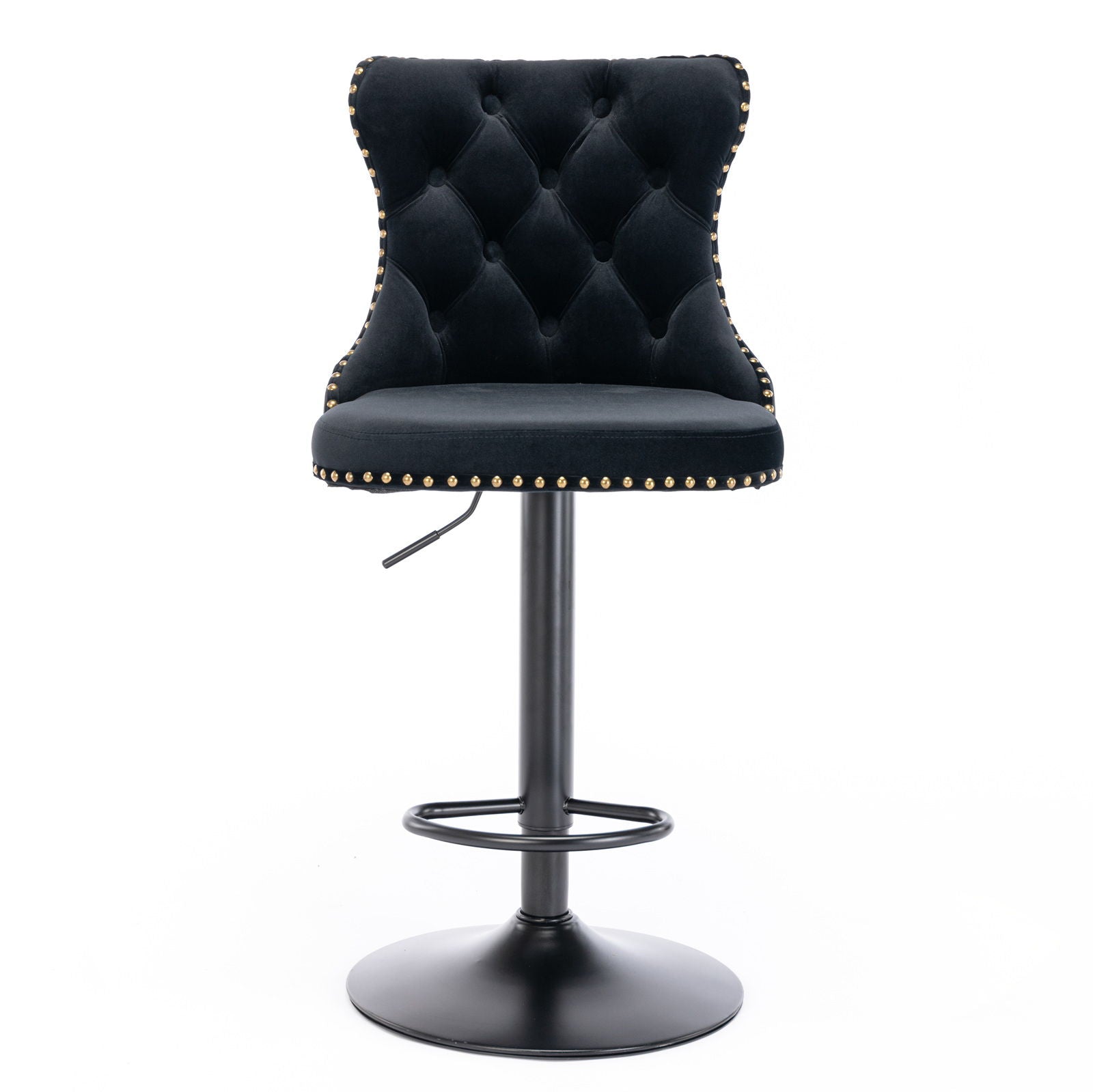 Set of 2 Swivel Velvet Barstools with tufted, curved backs, gold stud trim, round seats, and black pedestal bases featuring a footrest and height-adjustable lever—perfect for home pubs or kitchen islands.