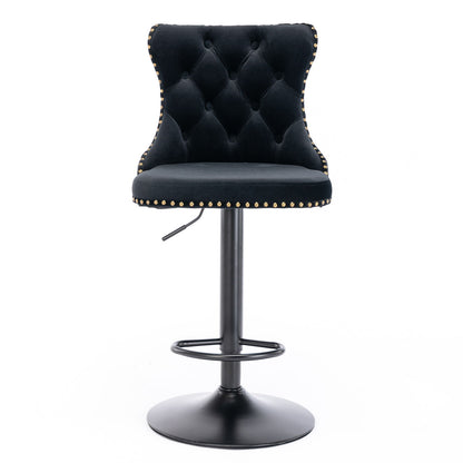Set of 2 Swivel Velvet Barstools with tufted, curved backs, gold stud trim, round seats, and black pedestal bases featuring a footrest and height-adjustable lever—perfect for home pubs or kitchen islands.