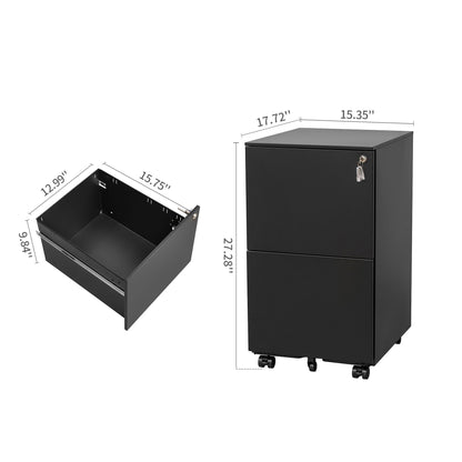 The 2 Drawer File Cabinet With Lock is a steel mobile filing cabinet on anti-tilt wheels, sized 27.28"H x 17.72"D x 15.35"W. A lock and key are included, with drawers sized for legal/letter files (drawer: 12.99" x 15.75" x 9.84").