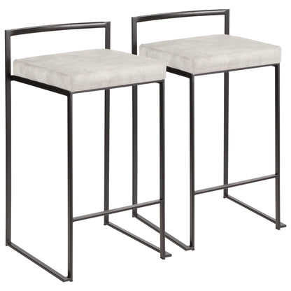 The Fuji Contemporary Style Stackable Counter Stool features a modern design with black metal frames, light gray cushioned seats, minimalist backrests, and rectangular legs.