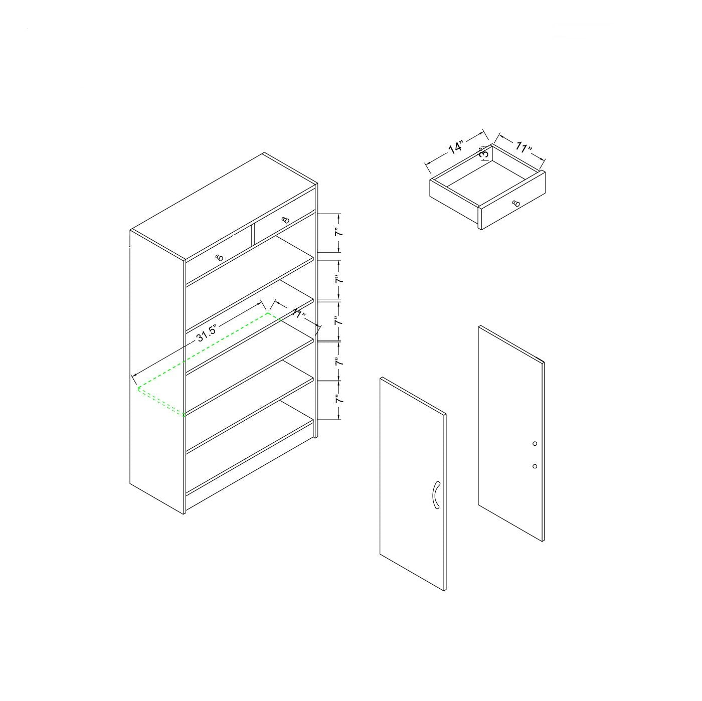 Isometric assembly diagram of Shoe Storage Cabinet with five shelves, two drawers (fits 15 pairs), showing measurements and separate views of a drawer plus two door designs—one with handle, one with knob hole.