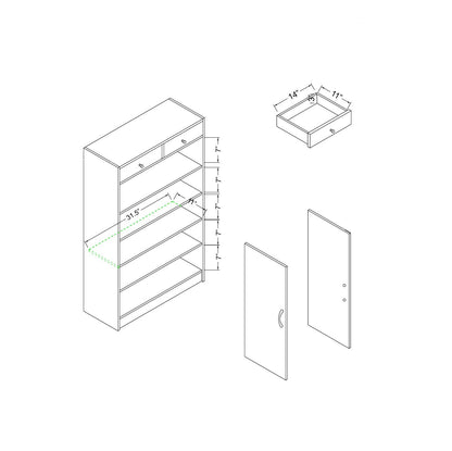 Isometric assembly diagram of Shoe Storage Cabinet with five shelves, two drawers (fits 15 pairs), showing measurements and separate views of a drawer plus two door designs—one with handle, one with knob hole.