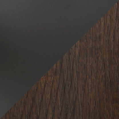 A diagonal split image displays the Dakota - Industrial Adjustable Bar Dinette Table: matte black surface on the top left, and textured dark brown wood on the bottom right.