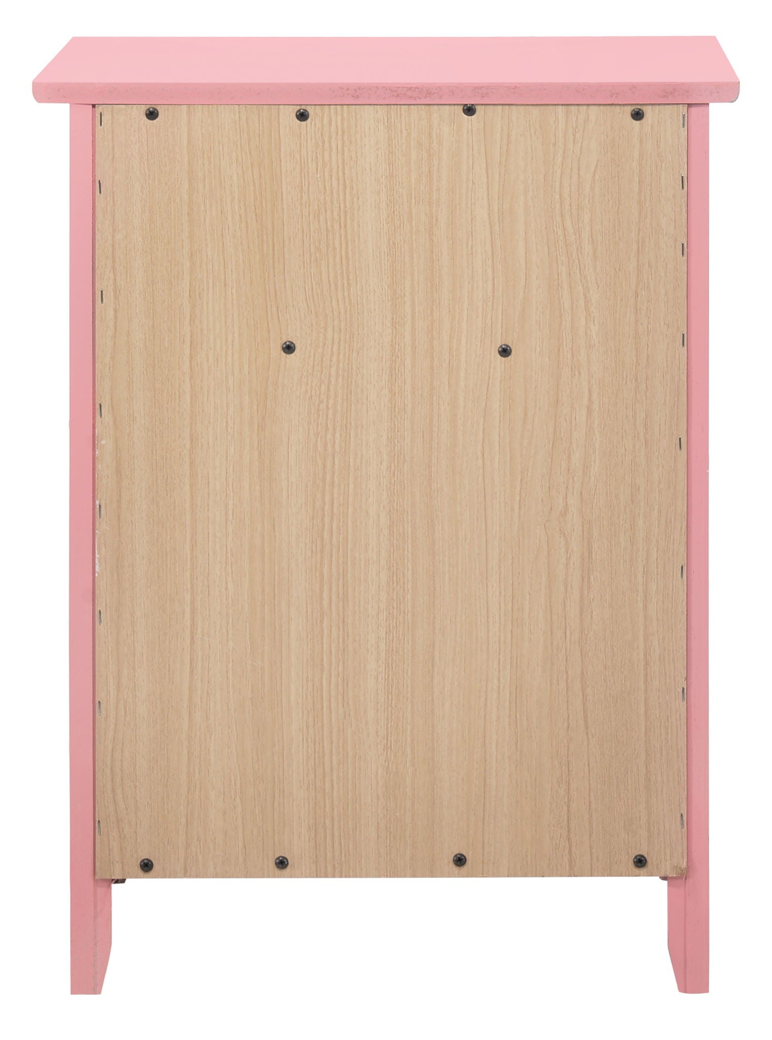 The Izzy 1 Drawer/1 Door Nightstand is shown from the back, featuring a light wood panel fastened with multiple screws and a pink painted frame and top.