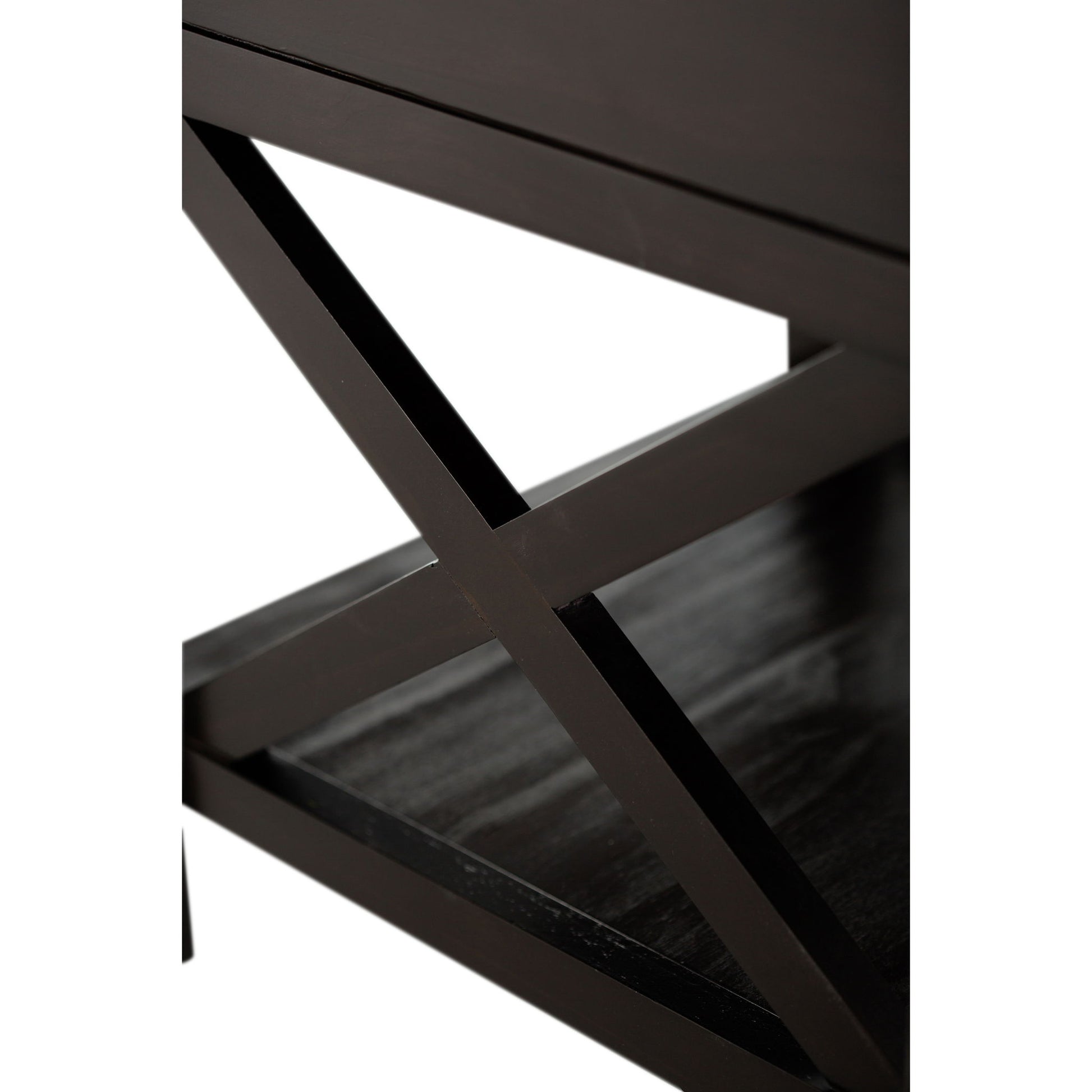 Close-up of the Kitchener - Handcrafted Table: features a dark wooden surface and an intersecting X-shaped support, shown against a white background.