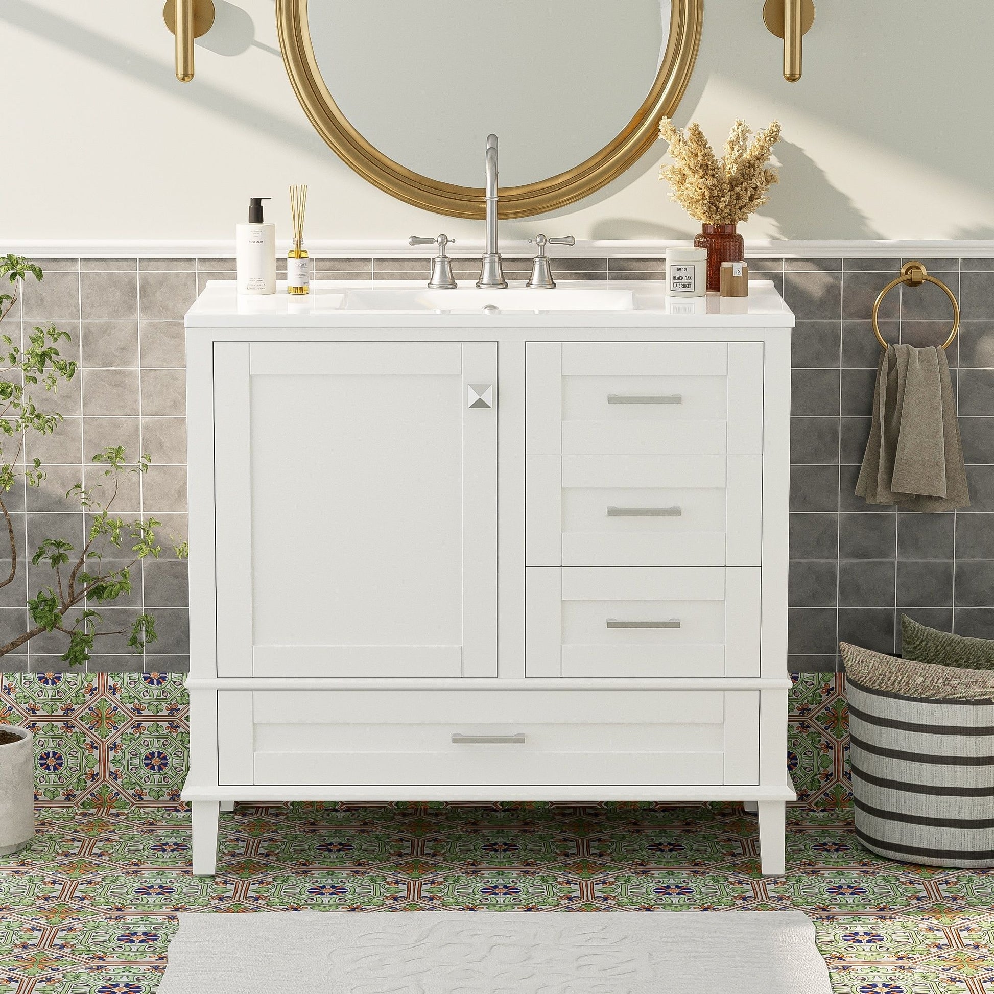 A modern bathroom vanity with sink combo set, featuring a solid wood frame, soft-closing door, and 3 drawers for storage, stands against the tiled wall, accented by a round mirror and decorative touches in the bright space.
