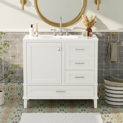 A modern bathroom vanity with sink combo set, featuring a solid wood frame, soft-closing door, and 3 drawers for storage, stands against the tiled wall, accented by a round mirror and decorative touches in the bright space.