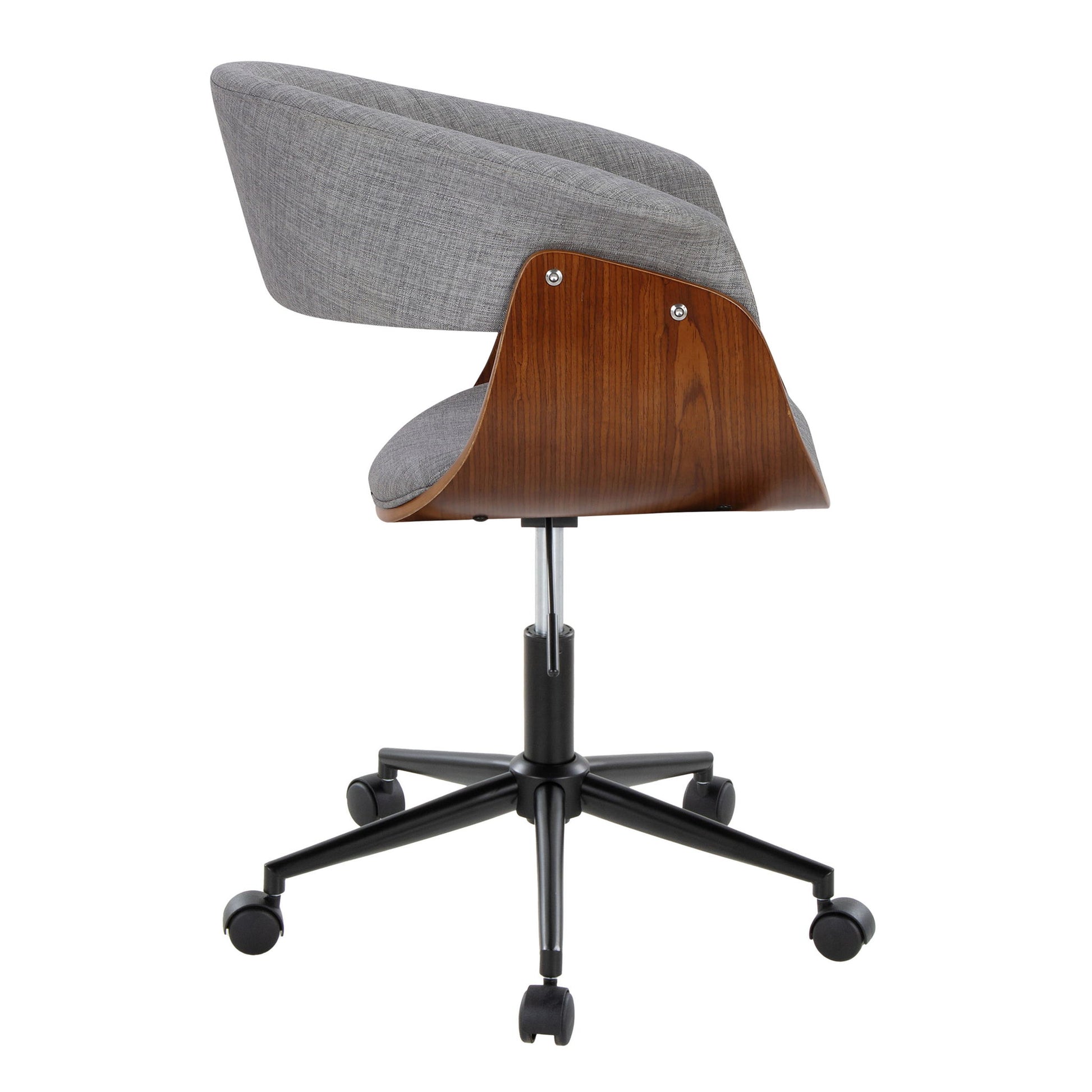 The Vintage Mod - Mid Century Modern Office Chair features a curved wooden back, grey upholstered seat and backrest, and a black five-wheel base, shown from a side view.