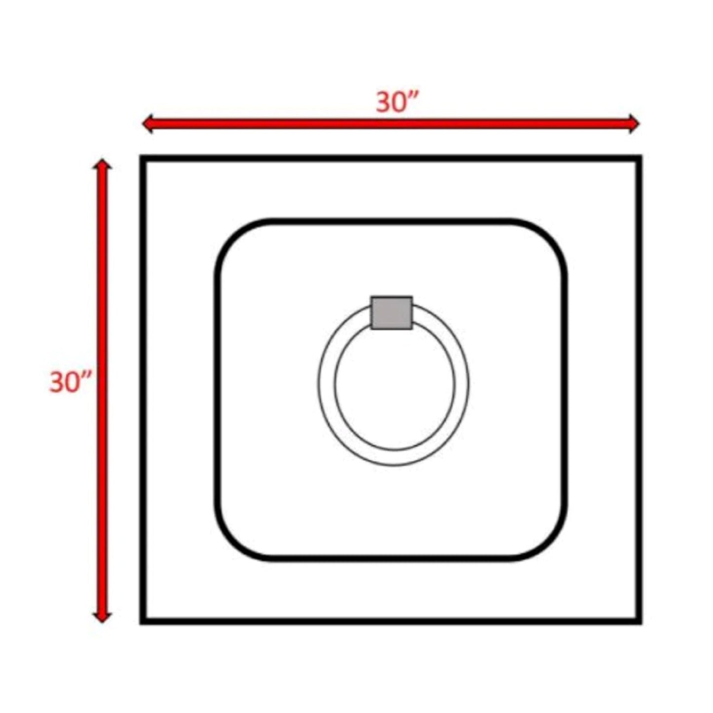 Diagram of the Reinforced - Propane / Gas Fire Pit Table, a square with 30-inch sides, features a centered ring pull inside a rounded square border. Red arrows and labels mark the 30-inch dimensions on the top and left sides.