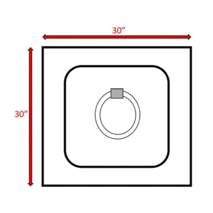 Diagram of the Reinforced - Propane / Gas Fire Pit Table, a square with 30-inch sides, features a centered ring pull inside a rounded square border. Red arrows and labels mark the 30-inch dimensions on the top and left sides.