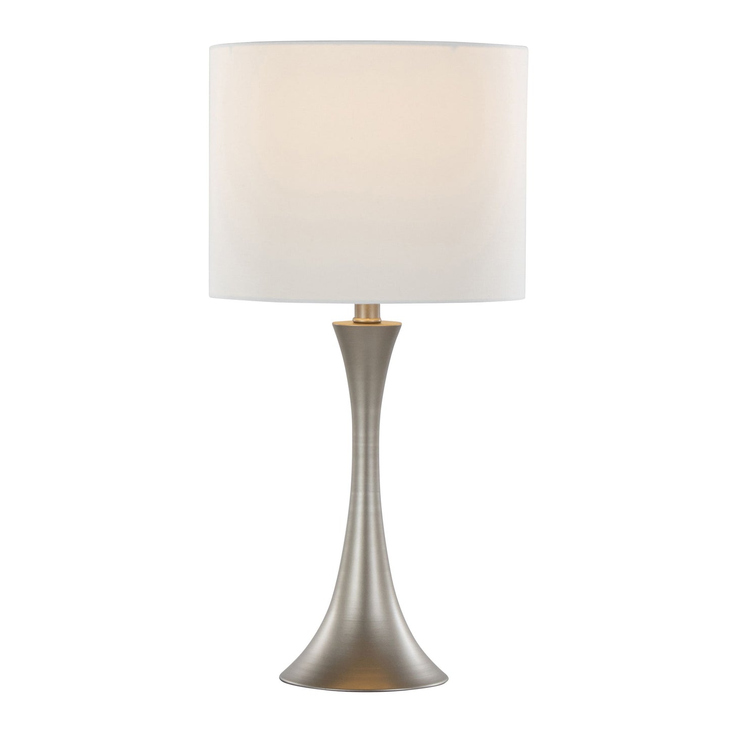 The Lenuxe Contemporary & Modern Design Table Lamp (Set of 2) features a brushed metallic flared base and a large white cylindrical shade, softly illuminated when switched on.