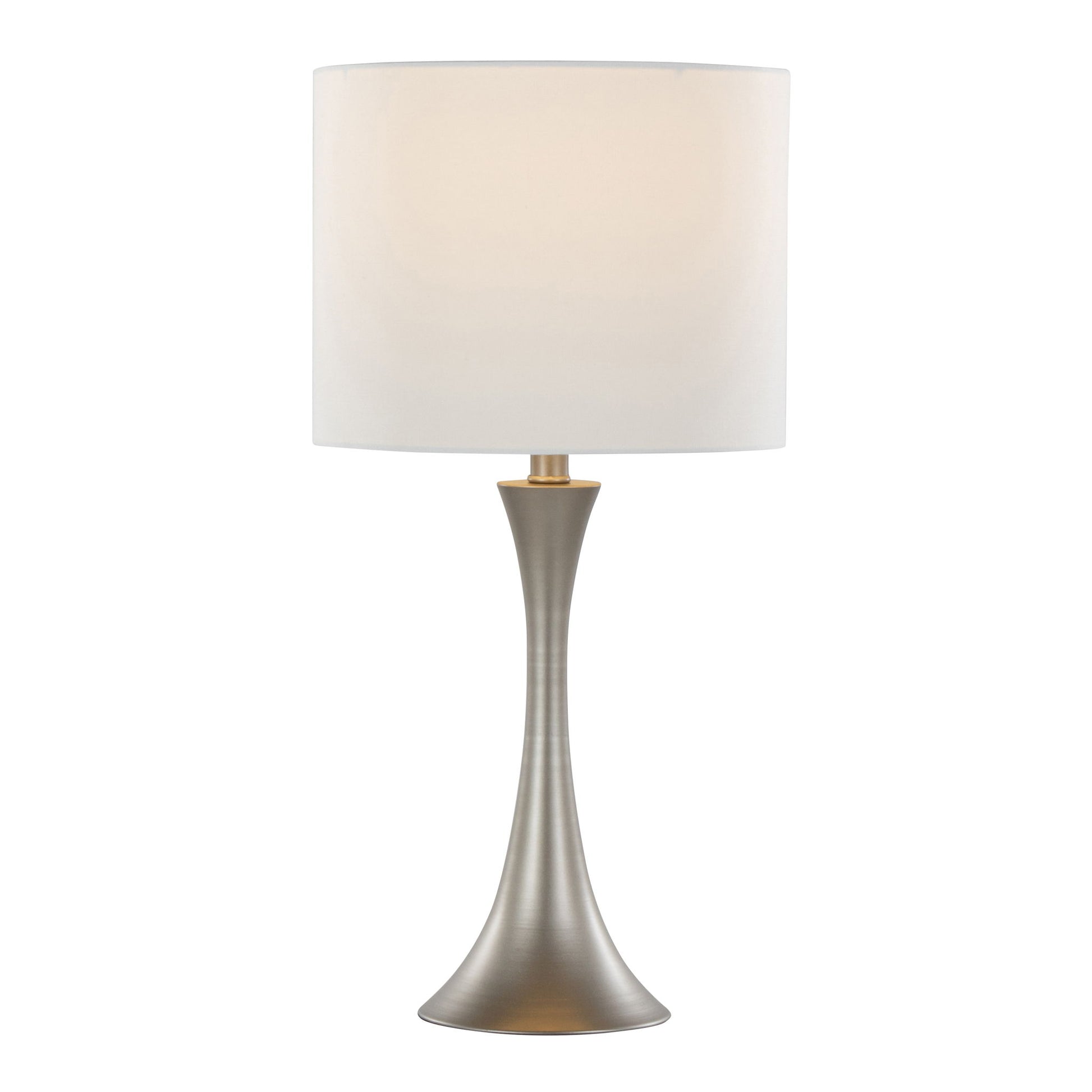 The Lenuxe Contemporary & Modern Design Table Lamp (Set of 2) features a brushed metallic flared base and a large white cylindrical shade, softly illuminated when switched on.