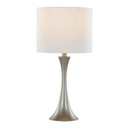 The Lenuxe Contemporary & Modern Design Table Lamp (Set of 2) features a brushed metallic flared base and a large white cylindrical shade, softly illuminated when switched on.
