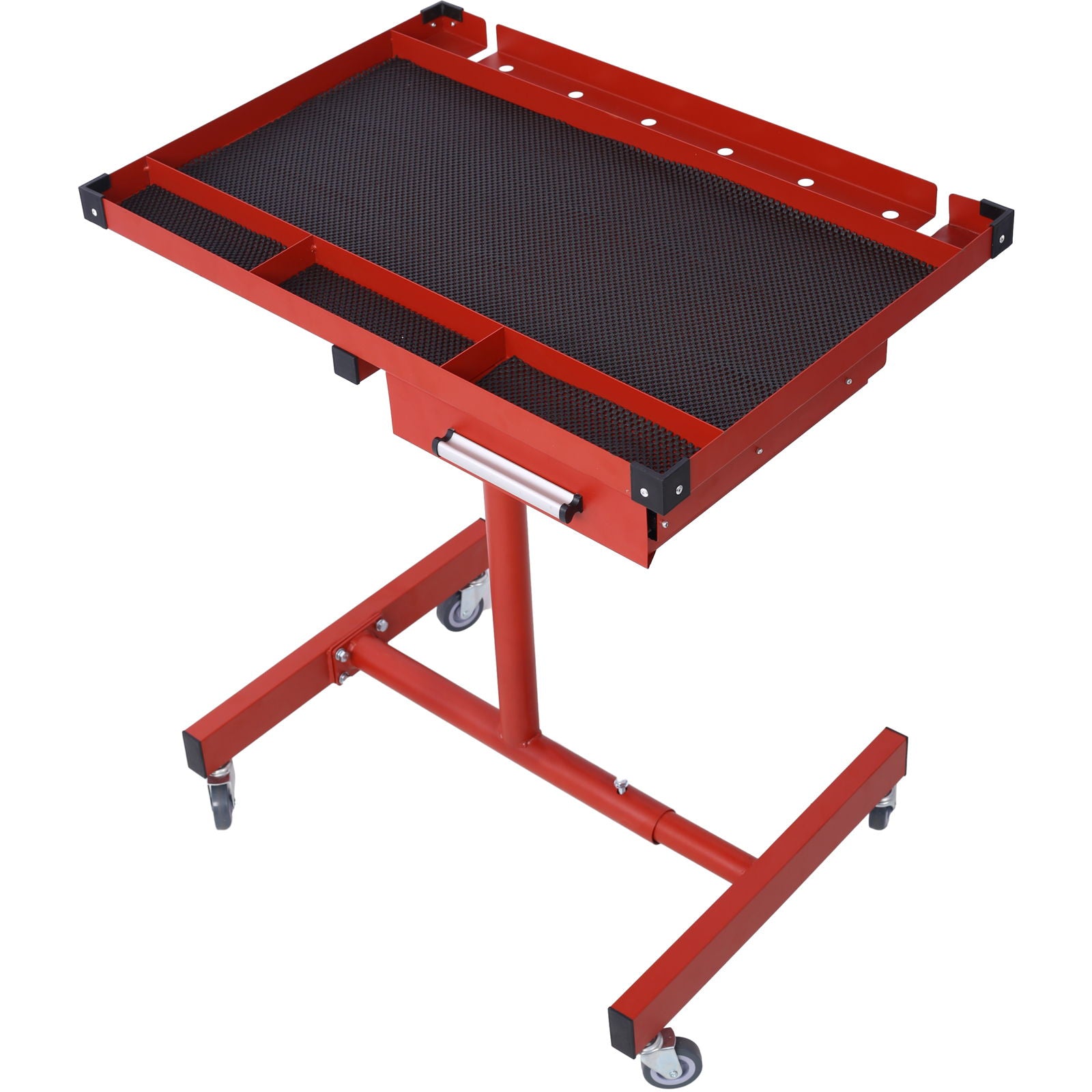 The Adjustable Tear Down Work Table features a drawer, heavy-duty steel build, rubber corners, a height-adjustable base, and four 2.5" swivel casters; ideal for garages and workshops with a 220 lb capacity. Portable for DIY or repairs.