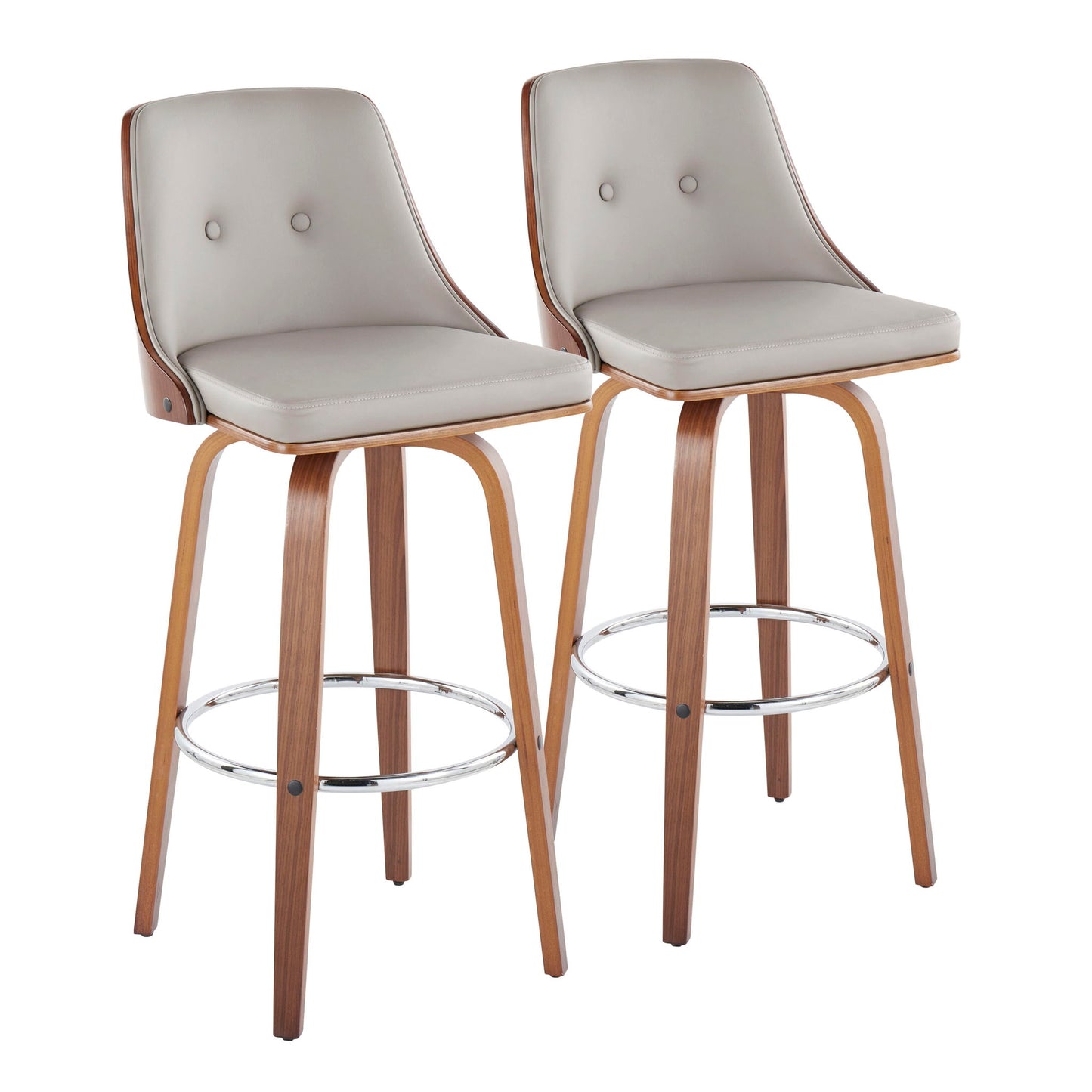 The Gianna Mid Century Modern Barstools (set of 2) feature light gray cushioned seats and backs, curved wooden frames, round metal footrests, and fixed height with swivel function—sleek and stylish for any bar space.