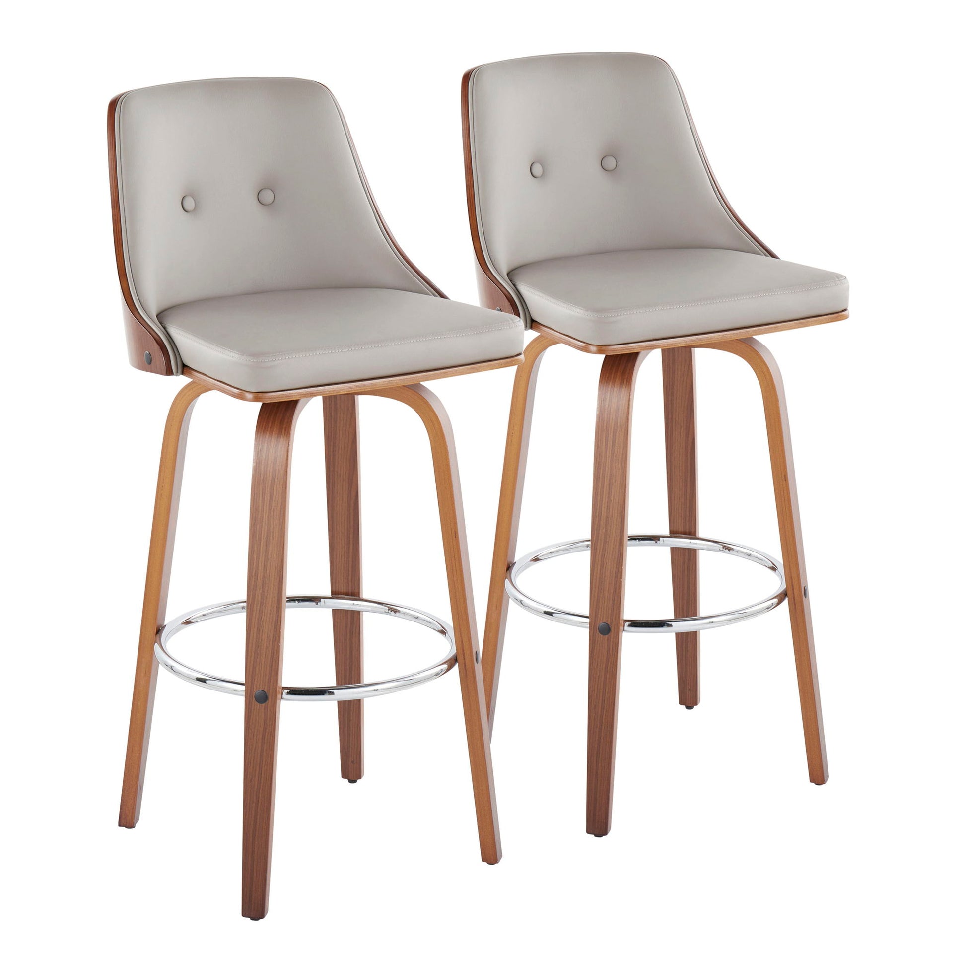 The Gianna Mid Century Modern Barstools (set of 2) feature light gray cushioned seats and backs, curved wooden frames, round metal footrests, and fixed height with swivel function—sleek and stylish for any bar space.