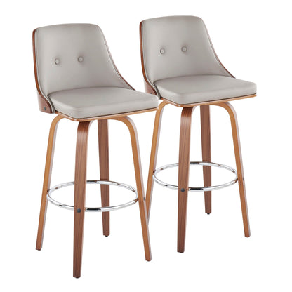 The Gianna Mid Century Modern Barstools (set of 2) feature light gray cushioned seats and backs, curved wooden frames, round metal footrests, and fixed height with swivel function—sleek and stylish for any bar space.