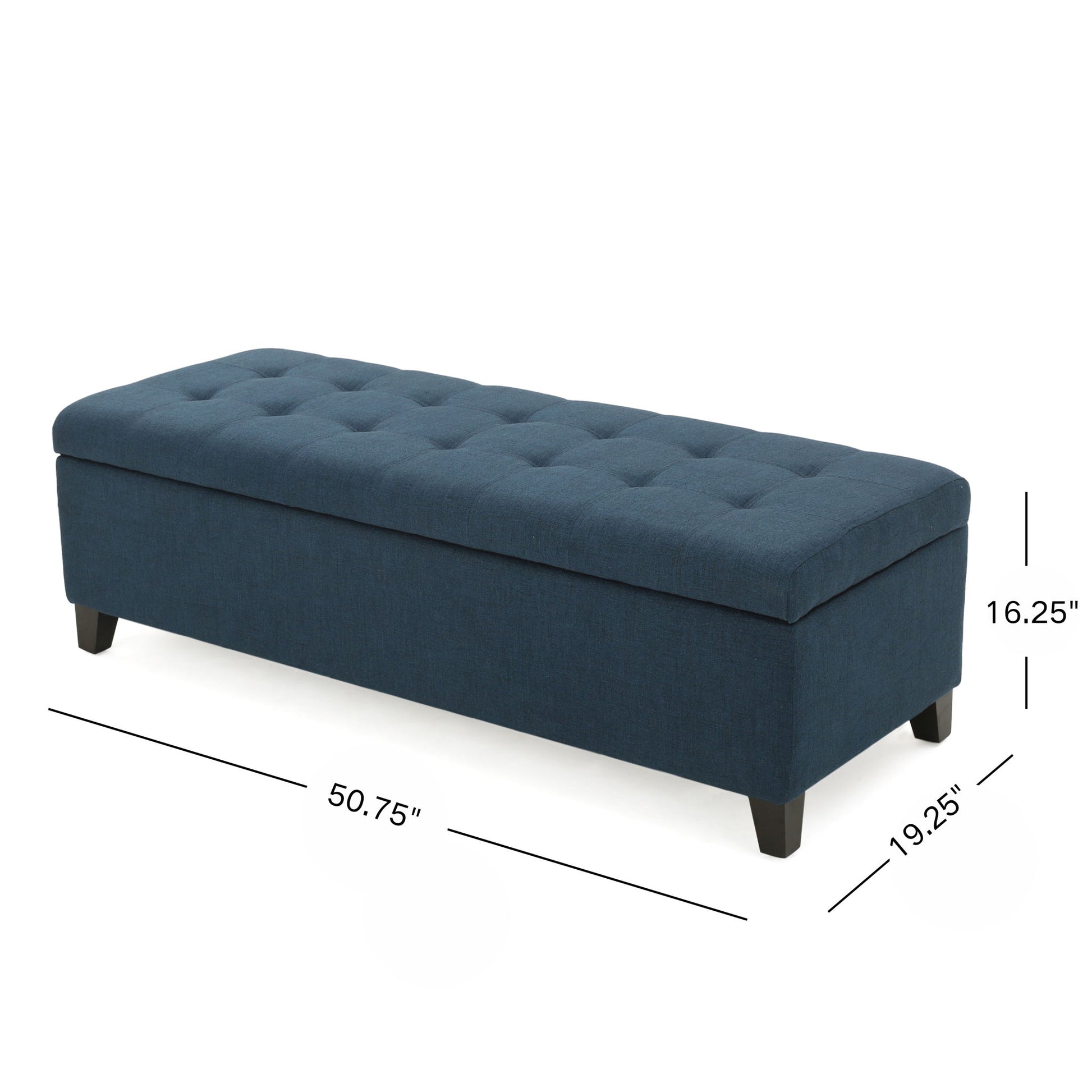The Nebulous Fabric Upholstered Ottoman with Storage features a navy blue diamond-tufted seat, short black legs, and measures 50.75"W x 19.25"D x 16.25"H.