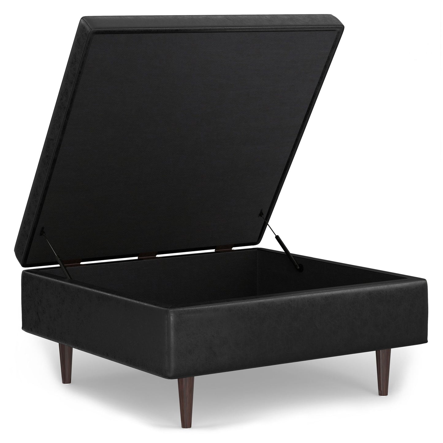 A black Shay Large Square Coffee Table Storage Ottoman in mid-century style features a lift-up platform revealing spacious storage. Supported by four wooden legs, it has a sleek, modern design.
