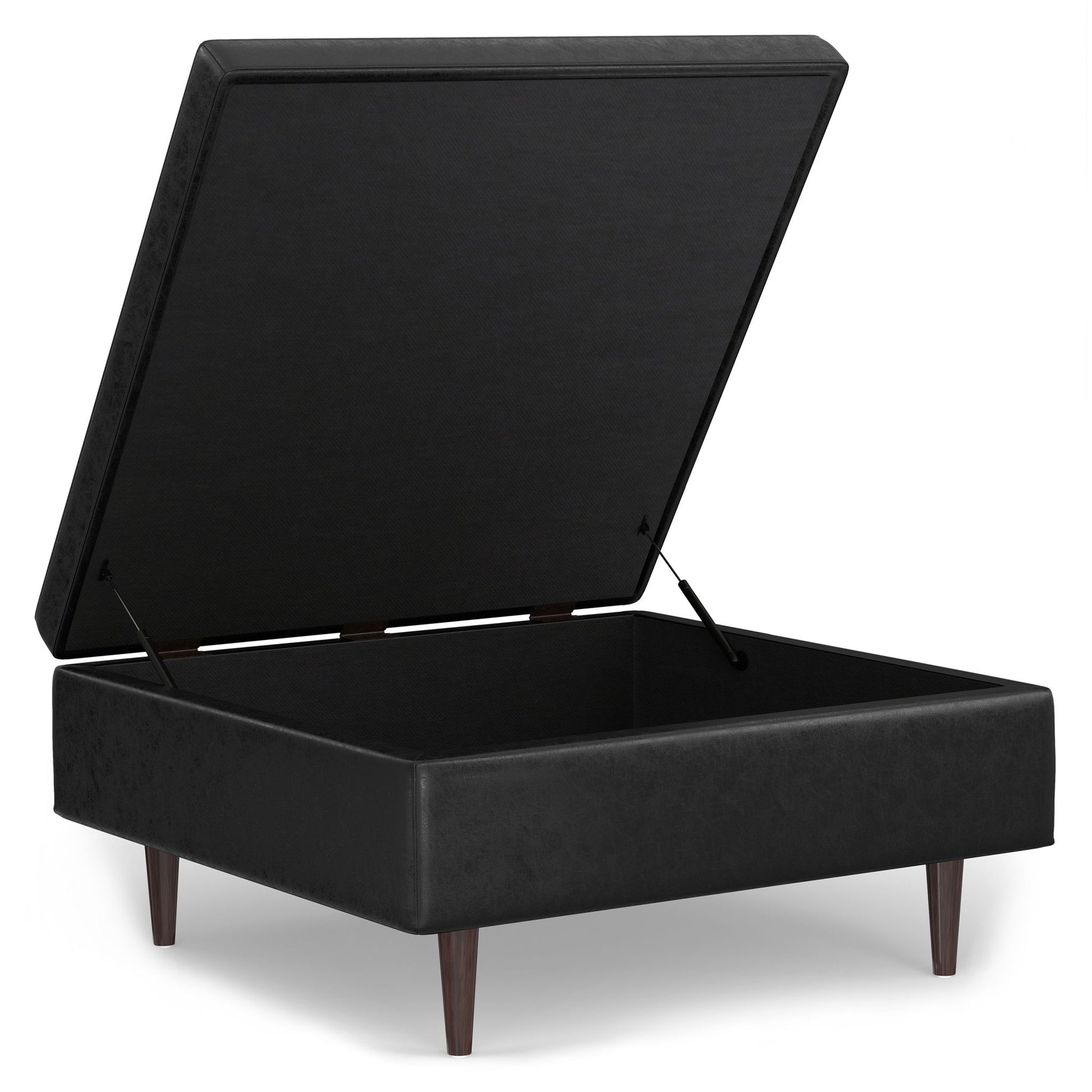 A black Shay Large Square Coffee Table Storage Ottoman in mid-century style features a lift-up platform revealing spacious storage. Supported by four wooden legs, it has a sleek, modern design.