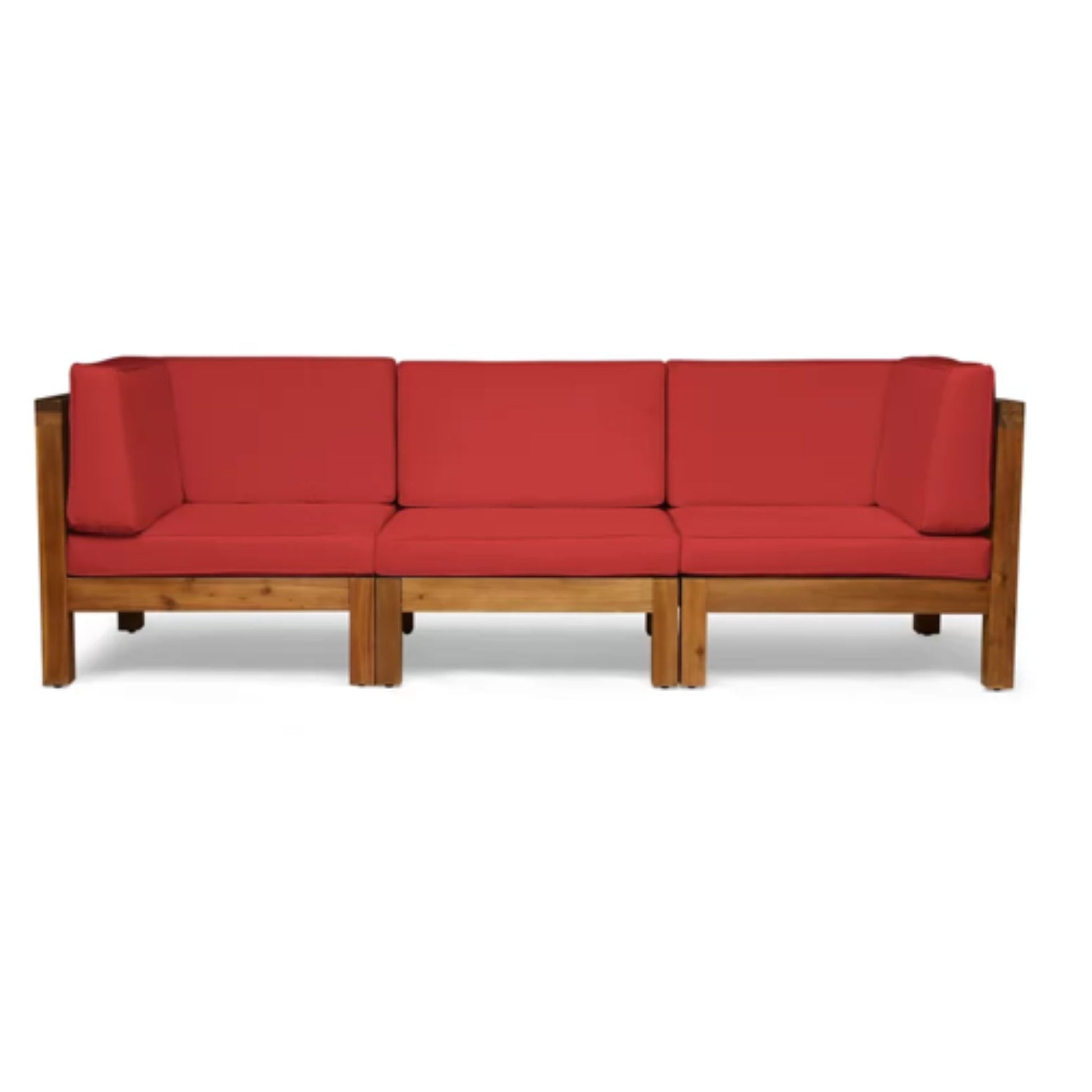 The Oana 3 Piece Sofa Set features a wooden frame and water-resistant red cushions, showcased against a white background.
