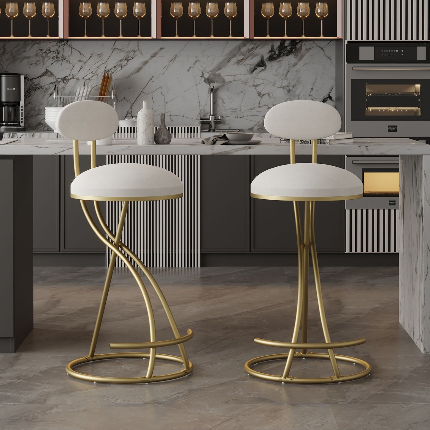 Two Bar Stools Upholstered Counter Height Barstools for Kitchen Island (set of 2) with modern PU leather and footrest, featuring white cushions and gold frames, are placed by a marble island with dark cabinets, marble backsplash, and built-in appliances.