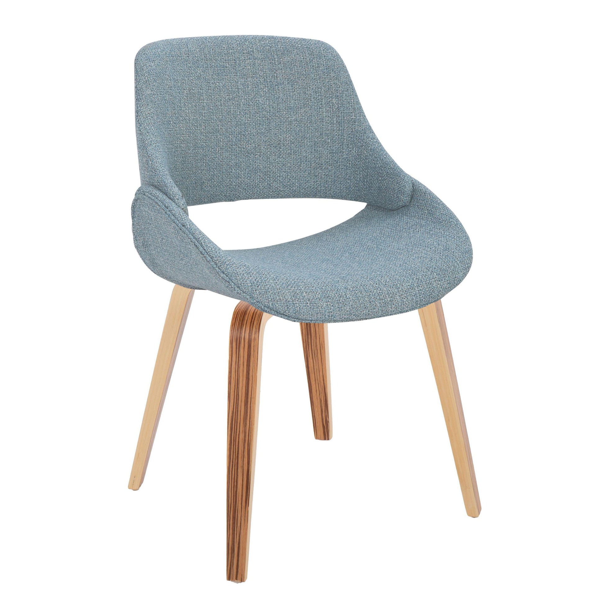 The Fabrico Mid Century Modern Dining Chair (Set of 2) features a curved light blue upholstered seat and backrest, supported by four angled light wooden legs.