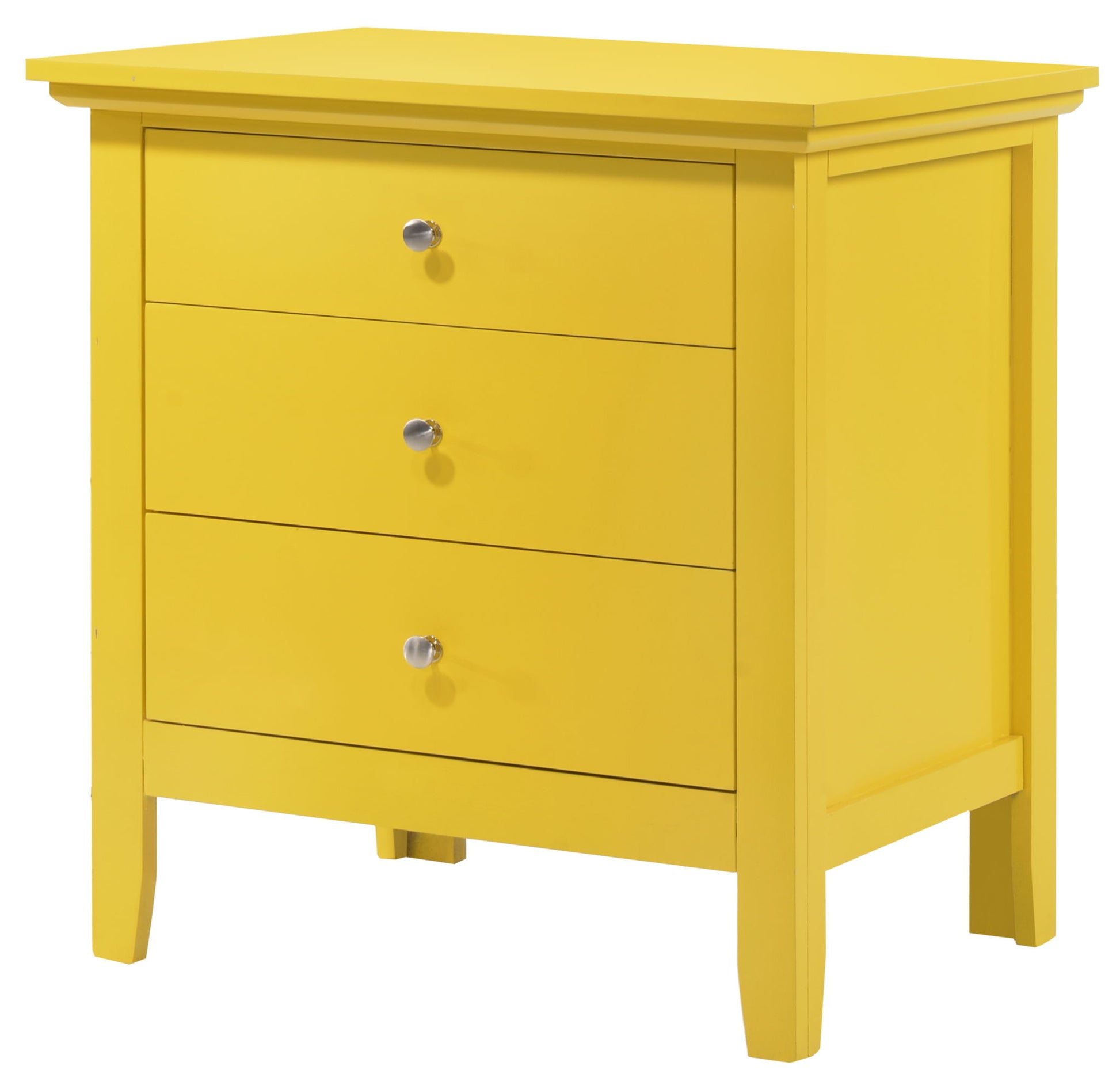 The Hammond 3 Drawer Nightstand is a vibrant yellow wooden piece featuring three drawers with round silver knobs and stands on four legs.