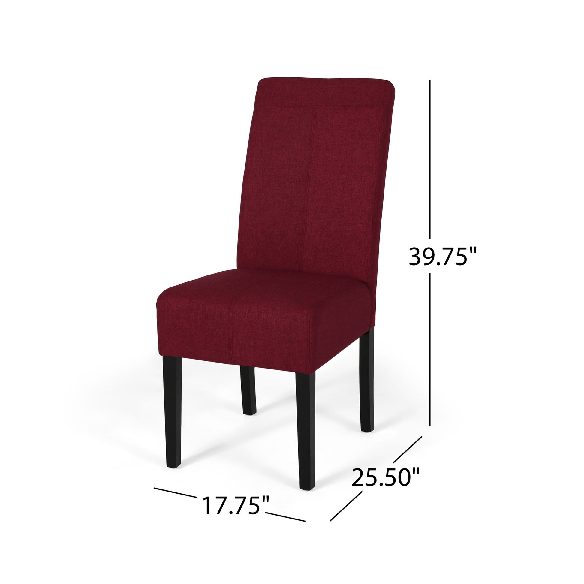 The Pertica Dining Upholstered Armless Chairs (Set of 2) feature burgundy upholstery, black wooden legs, and measure 39.75" H x 17.75" W x 25.5" D. Measurements are indicated with lines and text.