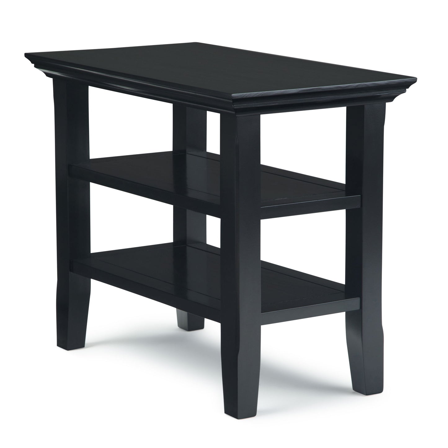 The Acadian - Narrow Side Table, Handcrafted, is a black wooden table with a rectangular top and two lower shelves, four straight legs, and a simple modern design. It is photographed against a white background.