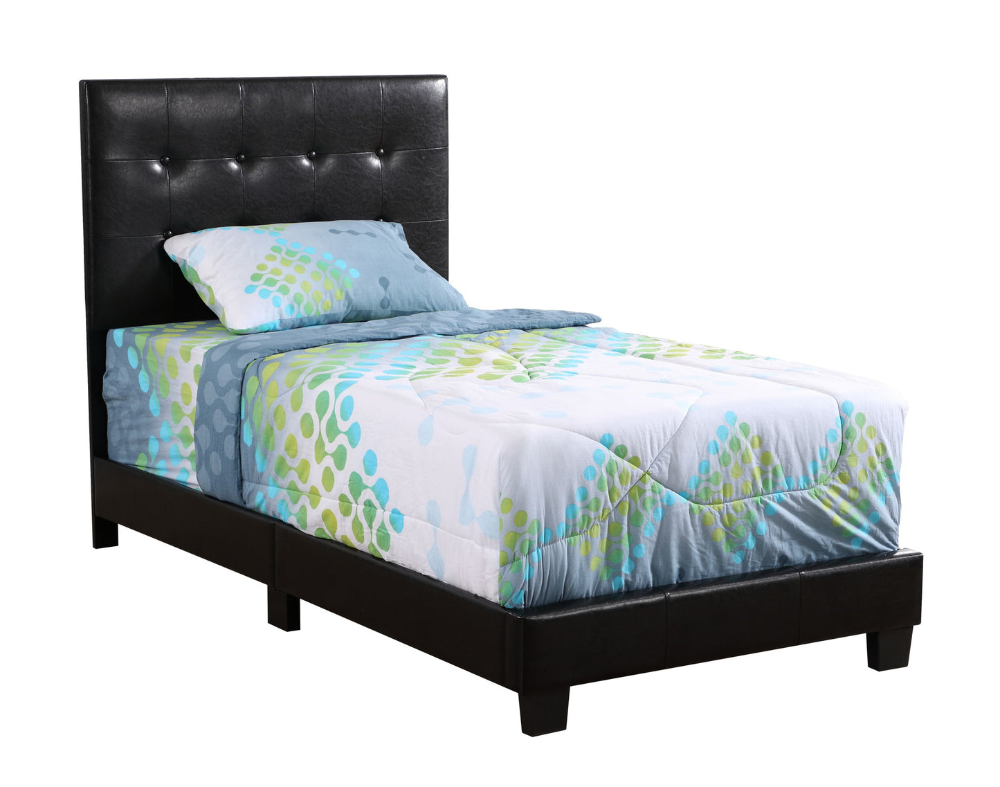 The Caldwell Bed, twin-sized with a black tufted headboard and base, is shown with a white comforter decorated in blue and green circles and a coordinating blue pillow.