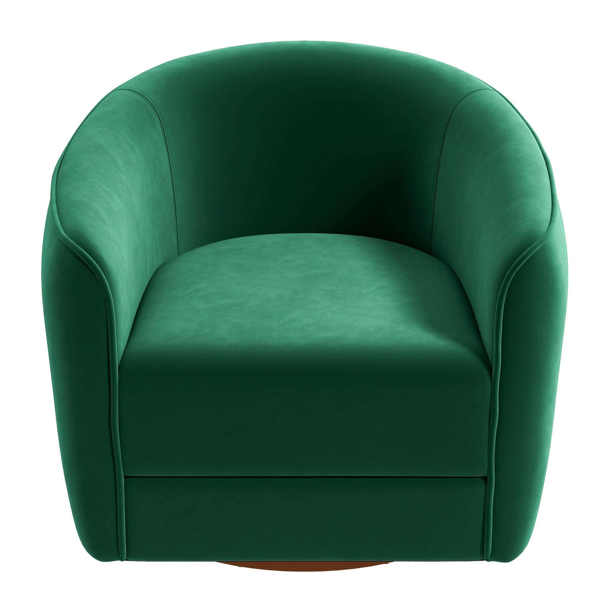 The Elise Mid-Century Modern Swivel Chair features green velvet upholstery, a curved back, and armrests, shown from the front against a white background.