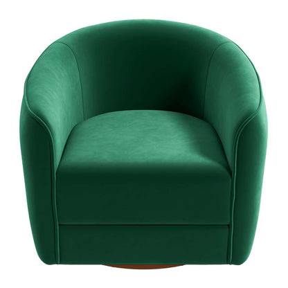 The Elise Mid-Century Modern Swivel Chair features green velvet upholstery, a curved back, and armrests, shown from the front against a white background.