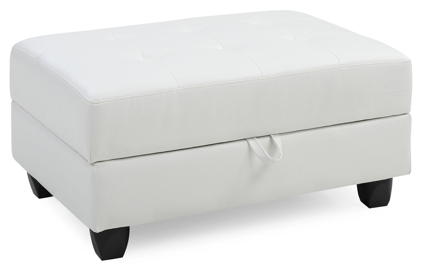 The Stylish Storage Contemporary Ottoman is a rectangular white piece featuring a tufted top, short black legs, and a front pull-tab for access to hidden storage.