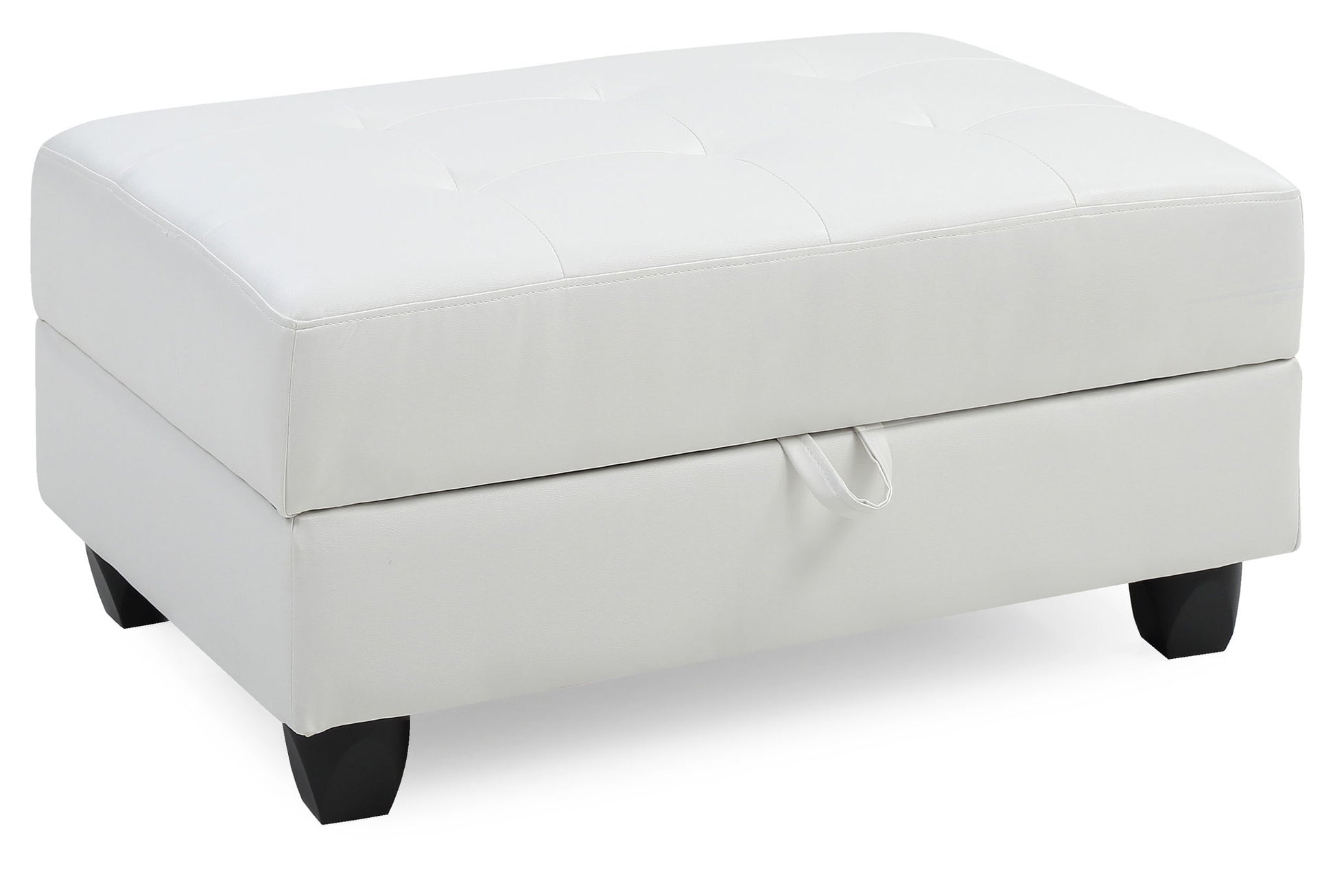The Stylish Storage Contemporary Ottoman is a rectangular white piece featuring a tufted top, short black legs, and a front pull-tab for access to hidden storage.