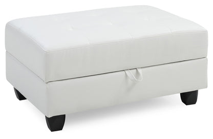 The Stylish Storage Contemporary Ottoman is a rectangular white piece featuring a tufted top, short black legs, and a front pull-tab for access to hidden storage.