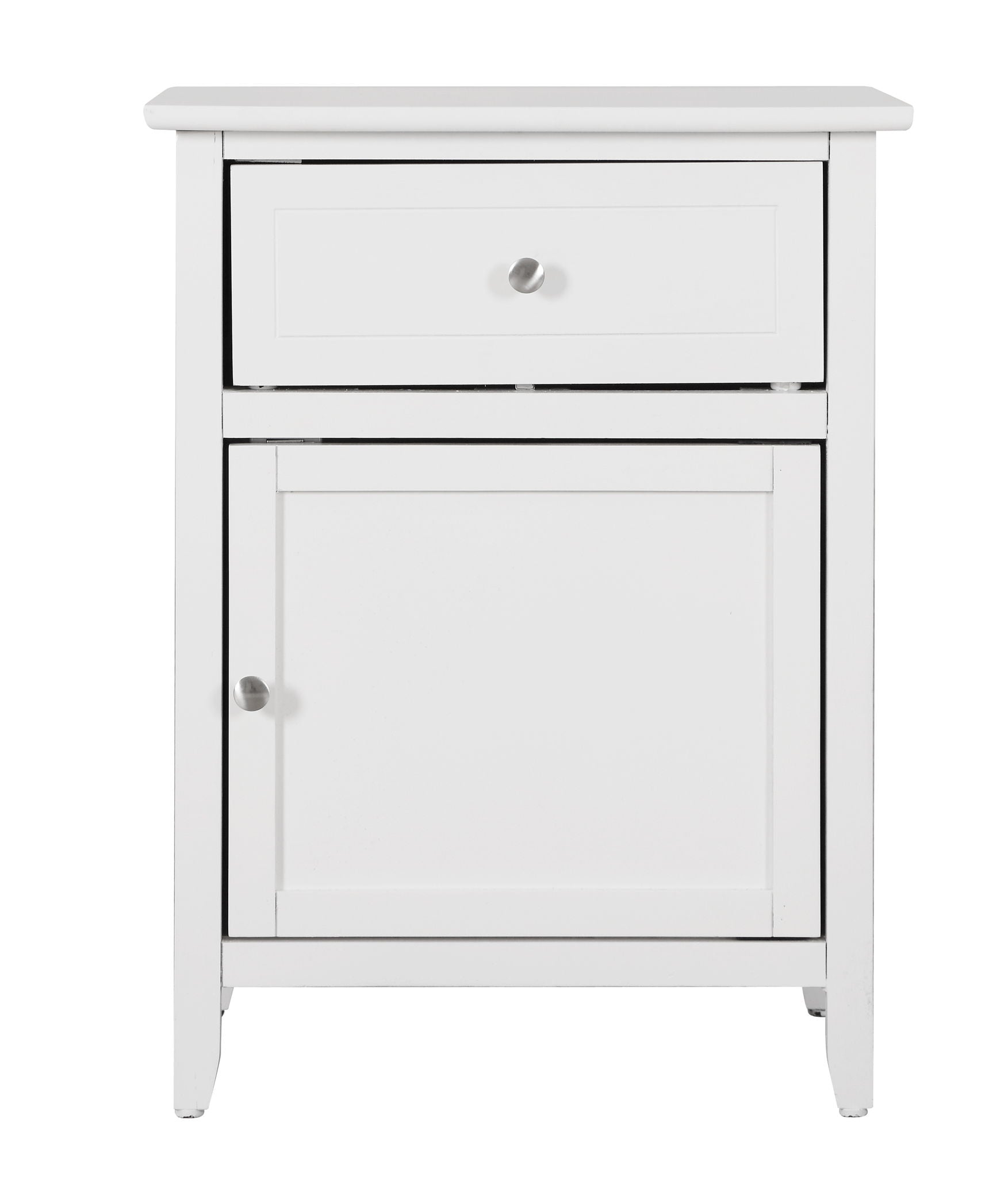 The Izzy 1 Drawer/1 Door Nightstand features a white wooden finish, a single top drawer and lower cabinet with round silver knobs, all in a simple modern design.