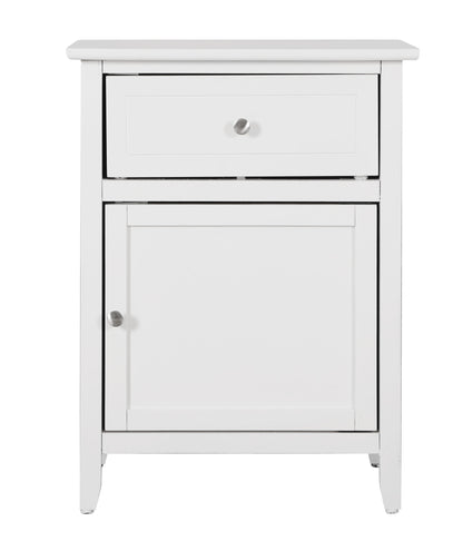 The Izzy 1 Drawer/1 Door Nightstand features a white wooden finish, a single top drawer and lower cabinet with round silver knobs, all in a simple modern design.