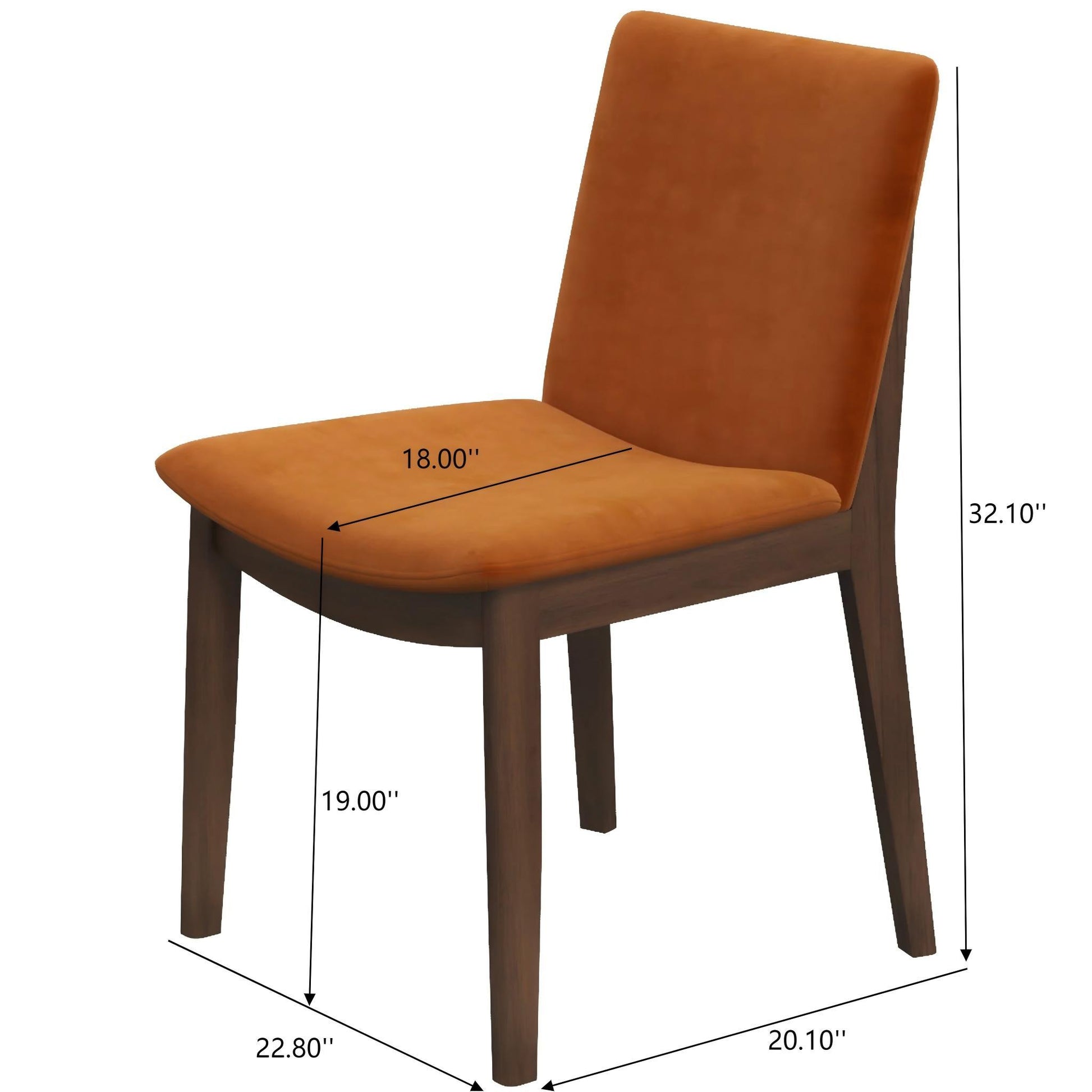 The Laura Mid-Century Modern Solid Wood Dining Chair (Set of 2) features an armless design, orange-brown cushion, wooden legs, and dimensions: seat width 18", seat height 19", depth 22.8", width 20.1", height 32.1".