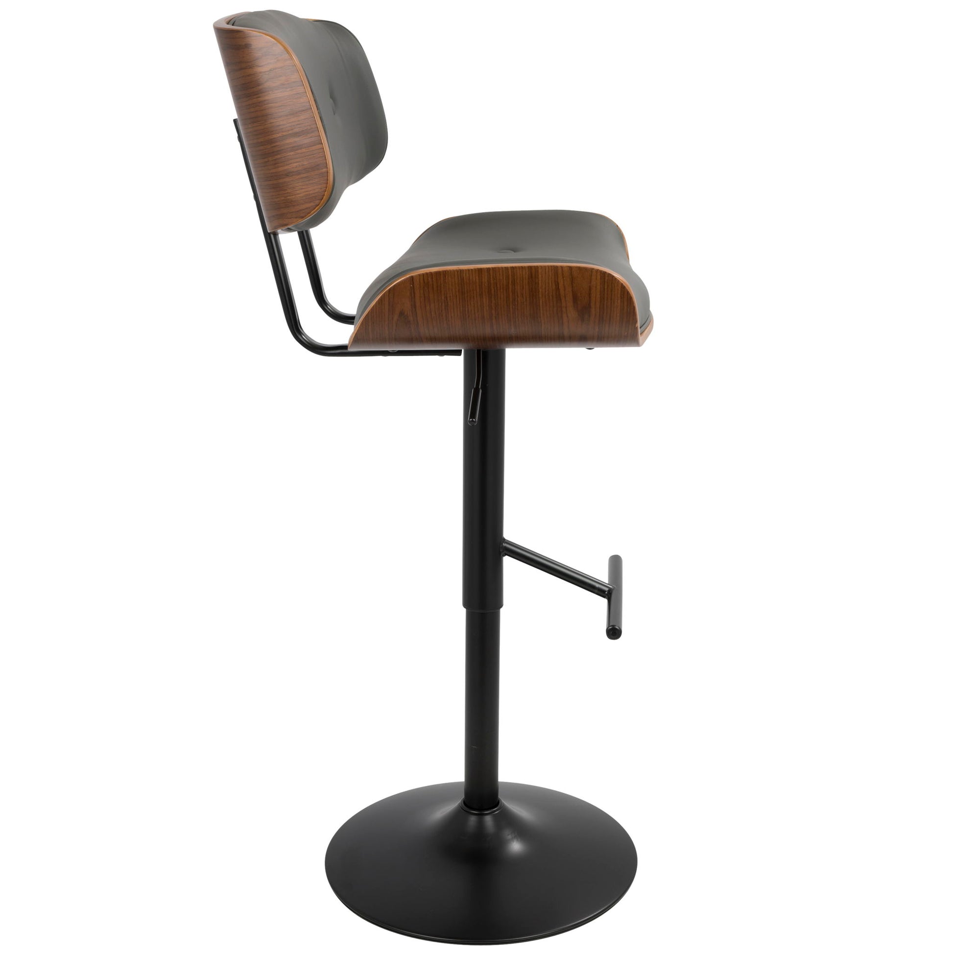 The Lombardi Mid Century Modern Adjustable Barstool features a curved wooden back, black cushioned seat, metal footrest, and round black pedestal base, shown in side profile.