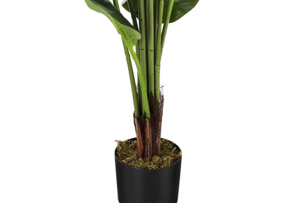 A close-up of the 59" Tall Artificial Strelitzia Tree, featuring realistic green stems with brown sheaths in mossy soil, potted in black, perfect for indoor decorative use against a white background.