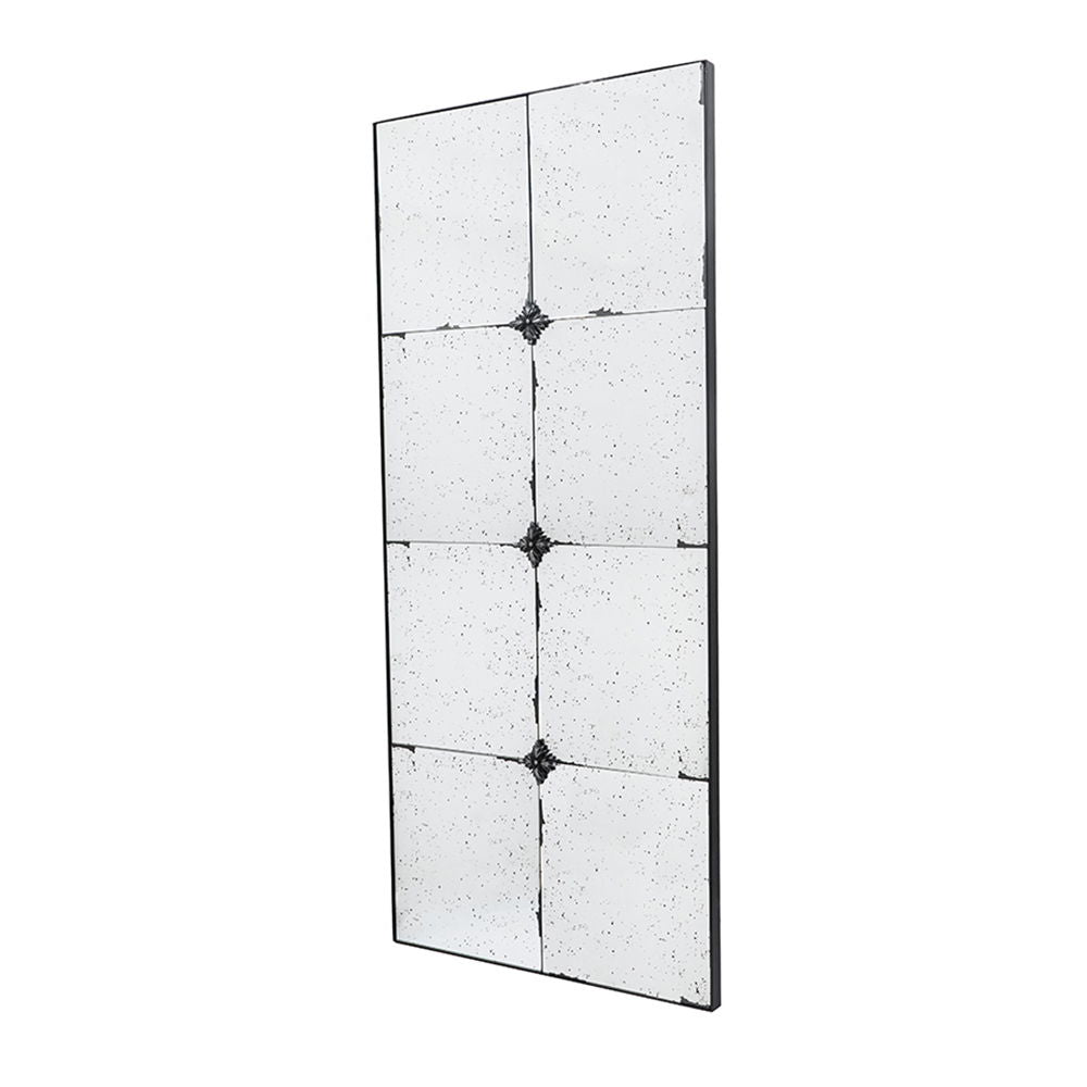 The Traditional Decor Style Antique Glass Panel Mirror features six antiqued, speckled glass panels divided by slim black lines with floral accents at each intersection. Ideal for bathrooms, entryways, or leaning against a wall.