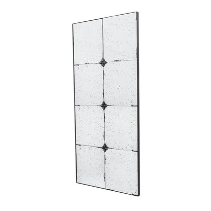 The Traditional Decor Style Antique Glass Panel Mirror features six antiqued, speckled glass panels divided by slim black lines with floral accents at each intersection. Ideal for bathrooms, entryways, or leaning against a wall.