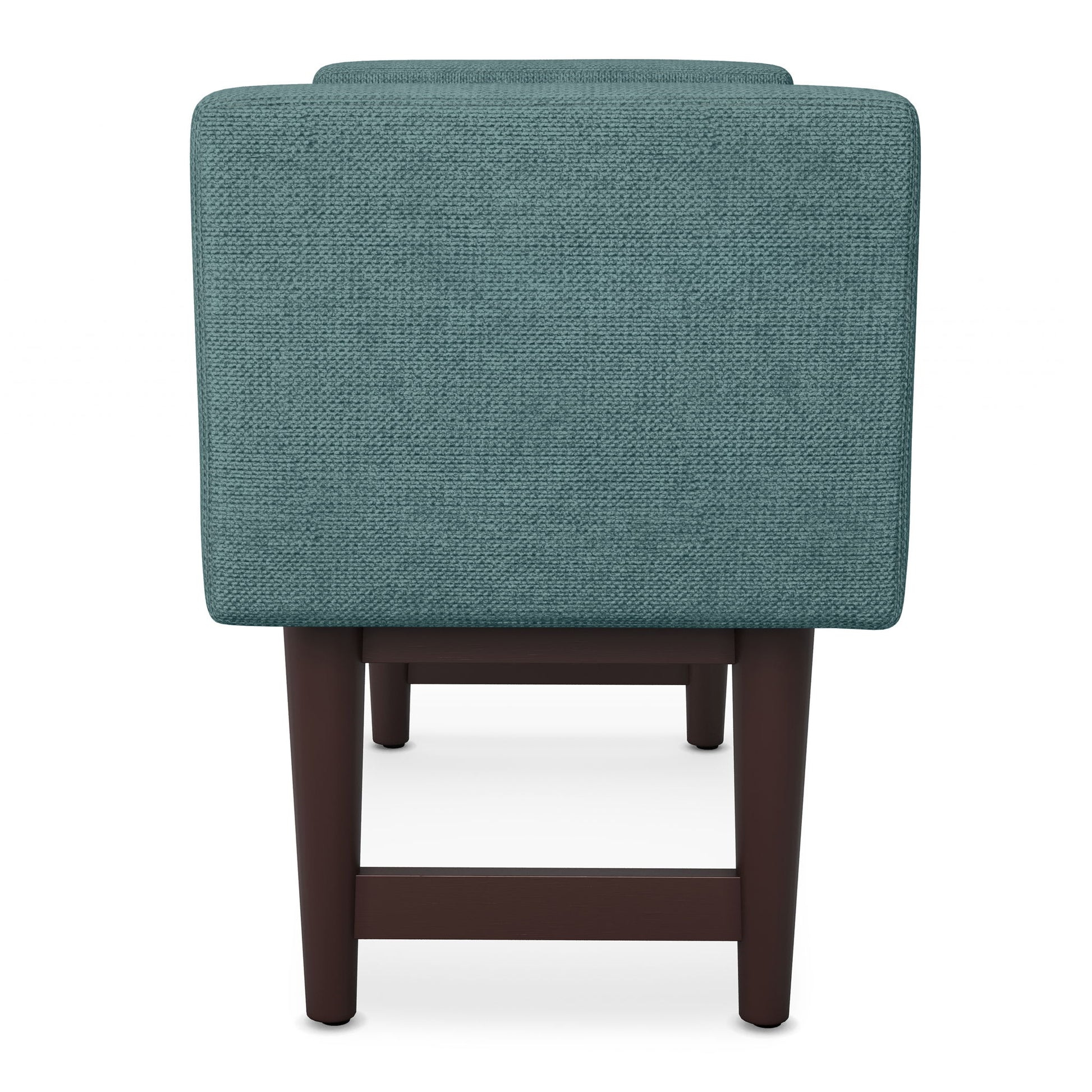 A teal Scott upholstered ottoman bench with a square backrest and dark wooden legs, shown from the rear view.