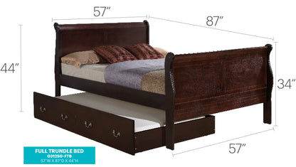 The Elegant Trundle Bed With Timeless Charm features a dark wood sleigh design, a pull-out trundle drawer, and measures 57"W x 87"L x 44"H. Bedding and pillows are neatly arranged on top, enhancing its inviting look.