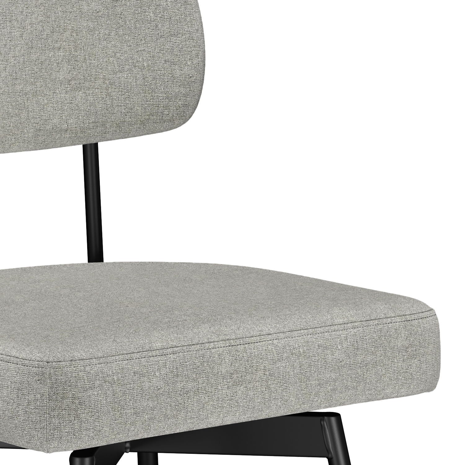 Close-up of the Giselle Swivel Counter Height Stool (Set of 2), featuring light gray fabric upholstery and a black metal frame, showing part of the seat and backrest.