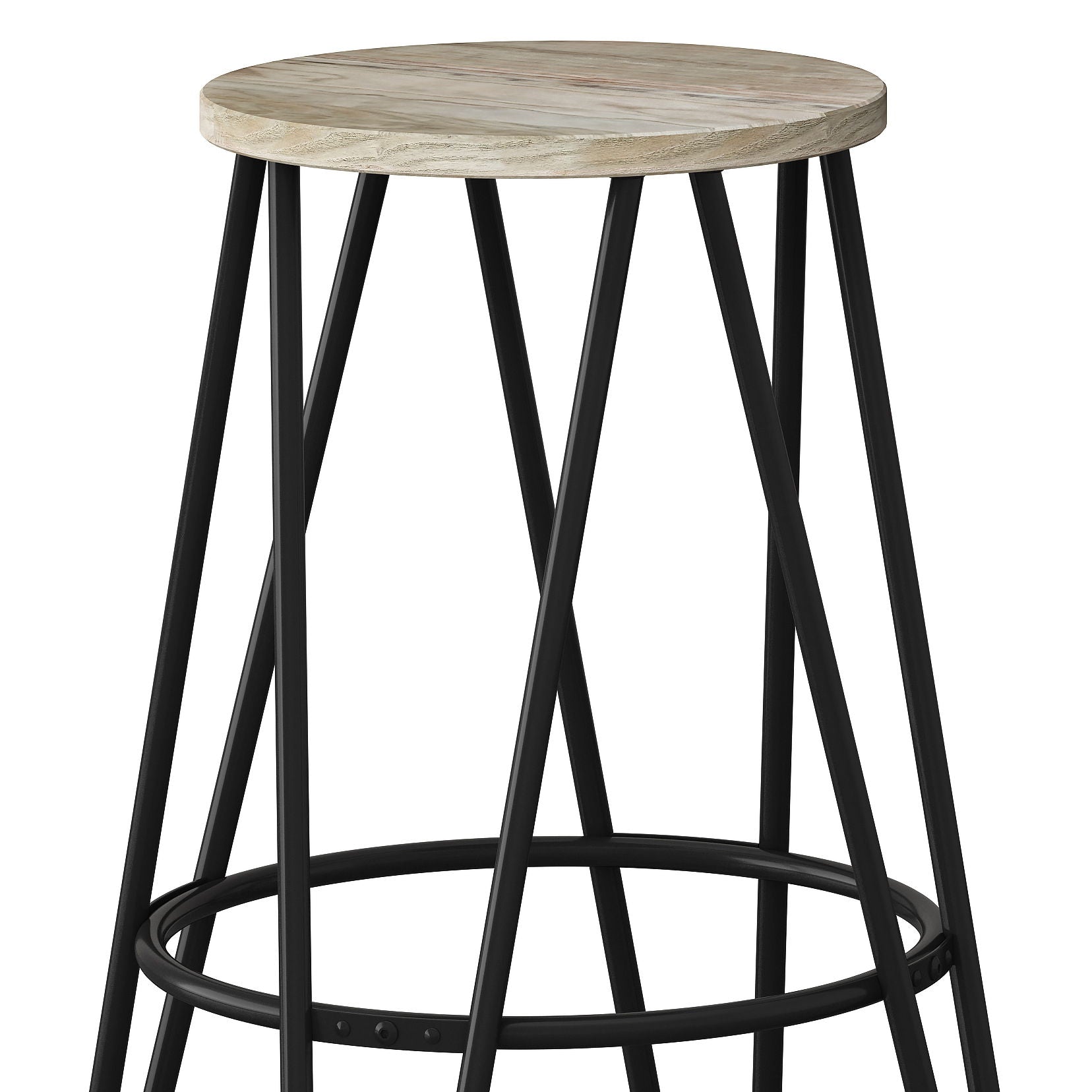 The Simeon Multifunctional Metal Stool features a round light wood seat, black crisscross metal legs, and a circular footrest connecting the base.