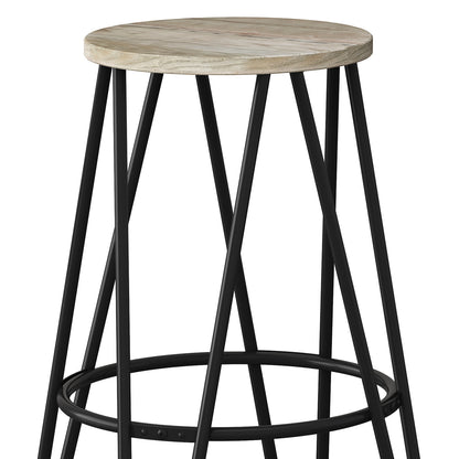 The Simeon Multifunctional Metal Stool features a round light wood seat, black crisscross metal legs, and a circular footrest connecting the base.